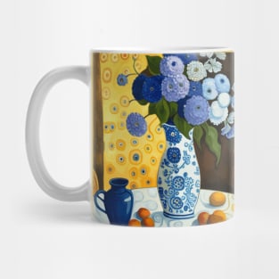 Cute Abstract Blue and White Flowers Matching Vase Table Cloth Still Life Painting Mug